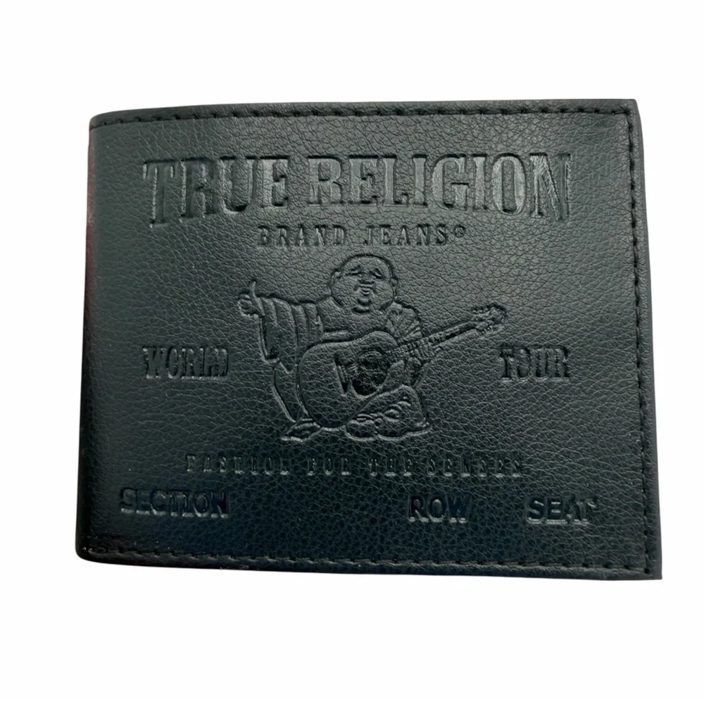 Brand New True Religion Black Leather Billfold Wallet w/ Bottle Opener Keychain